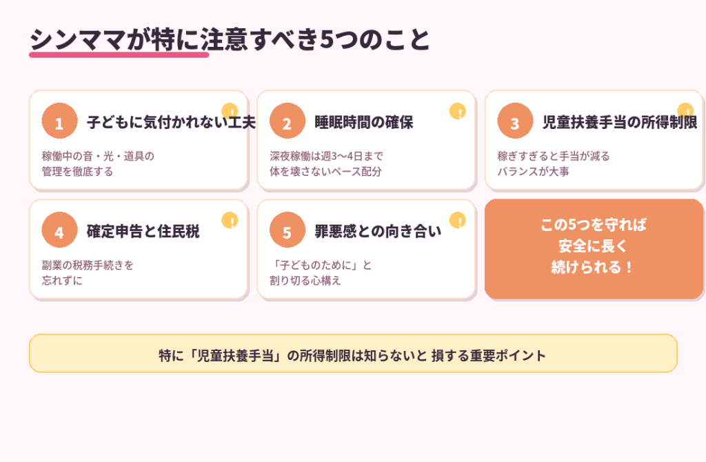 シンママがチャトレで注意すべき5つのこと。子どもバレ防止、睡眠、児童扶養手当の所得制限、確定申告、罪悪感を示した図解