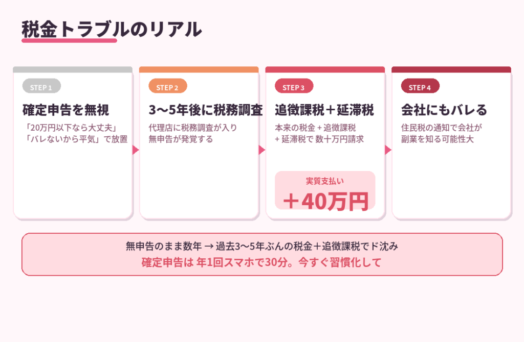 税金トラブルの4ステップ。無視→税務調査→追徴課税+延滞税→会社にバレる、40万円請求のリアルを示した図解