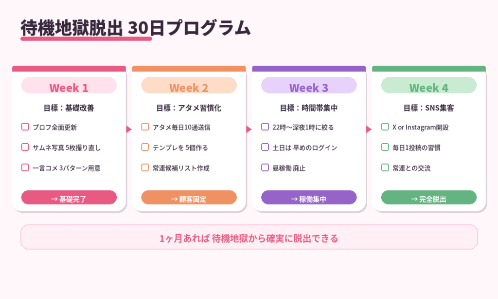 待機地獄脱出30日プログラム。Week1基礎改善、Week2アタメ習慣化、Week3時間帯集中、Week4 SNS集客の4週間